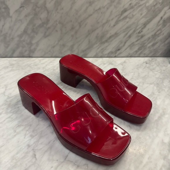 Gucci Shoes - Gucci “Plastique” Logo Rubber Heeled Red Mule Slides Sandals 37.5